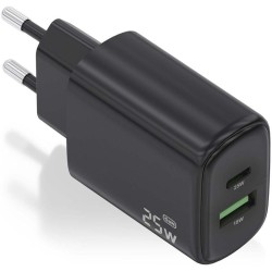 Cargador de Pared GaN Aisens A110-0912/ 1xUSB Tipo-C/ 1xUSB/ 25W/ Negro