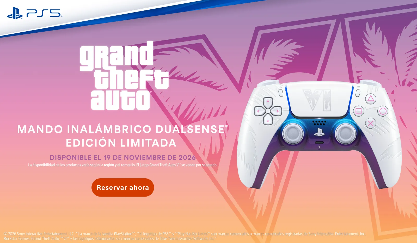 Mando DualSense edición limitada de Grand Theft Auto VI para PS5, disponible el 19 de noviembre de 2026