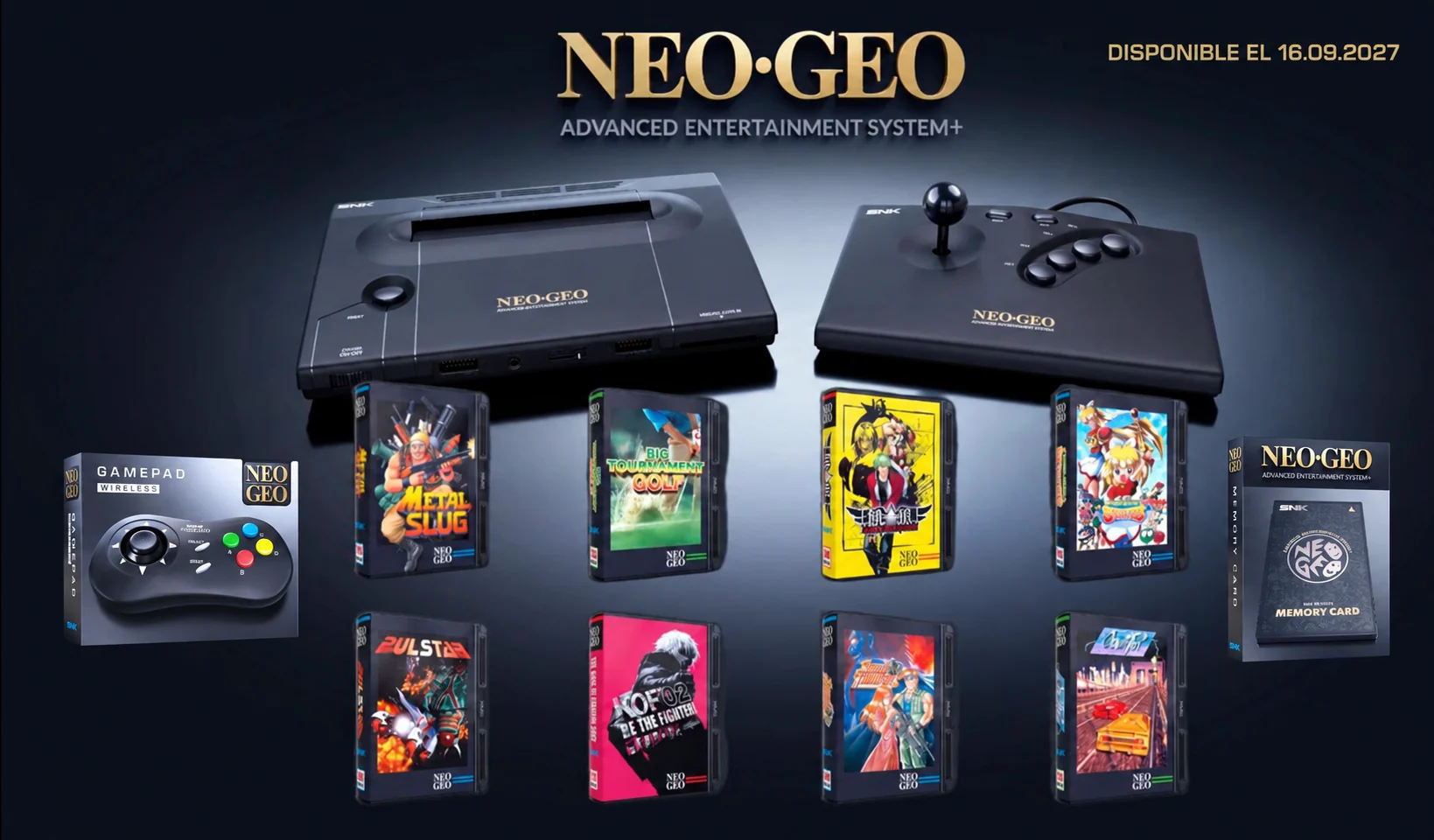 Consola Neo Geo Advanced Entertainment System+, con mando arcade, gamepad inalámbrico, memory card y juegos, disponible el 16 de septiembre de 2027